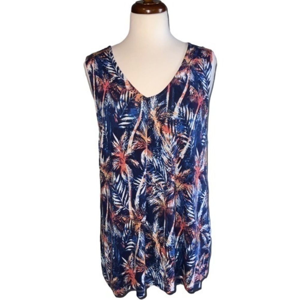 Palm Grove Blue & Orange Tropical V Neck Sleeveless Tunic Tank Top XL